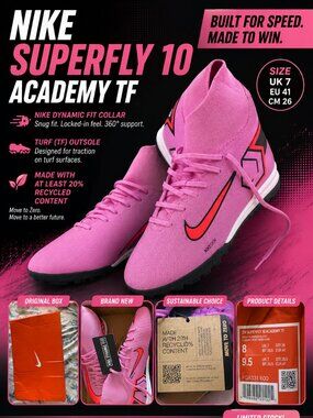 Nike Zoom Superfly 10 Academy TF Pink Soccer Cleats Turf Shoes Women’s 9.5 / Men